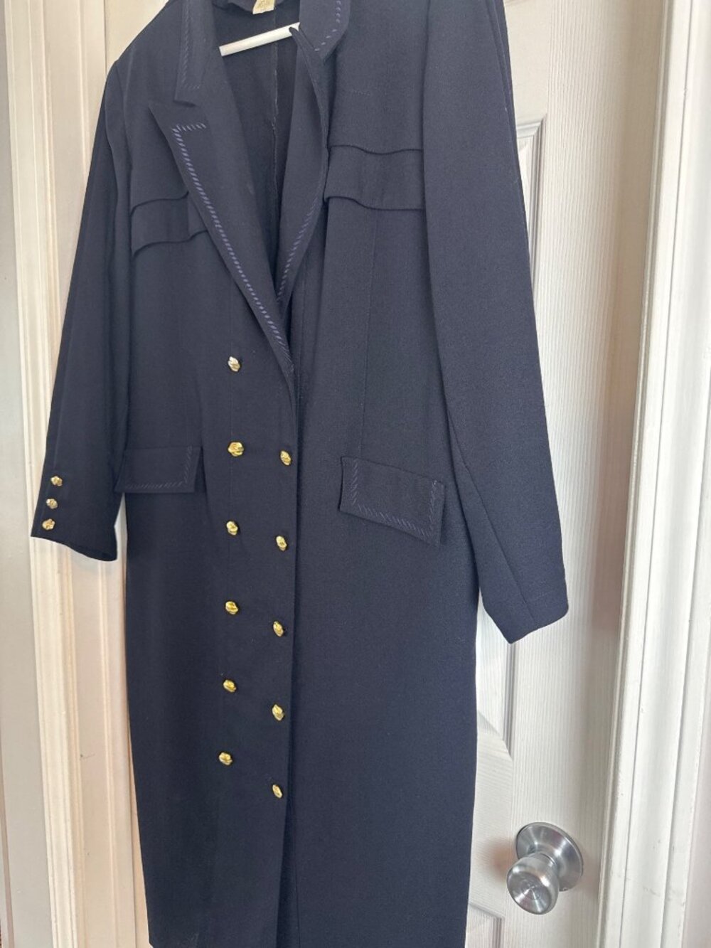 Lucien Daunois Black Double-Breasted Wool Blazer Dress Gold Button Longline XL - Picture 3 of 8